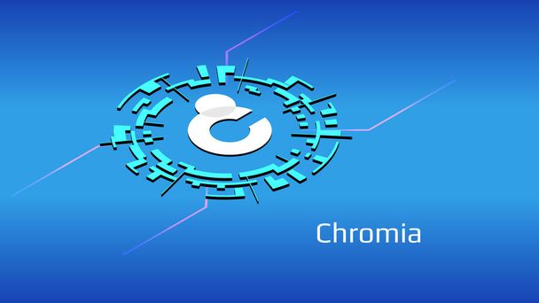 Chromia CHR izometrický token symbol projektu DeFi v digitálním kruhu na modrém pozadí. Ikona mince kryptoměna. Decentralizované finanční programy. Vektorová ilustrace. - Vektor, obrázek