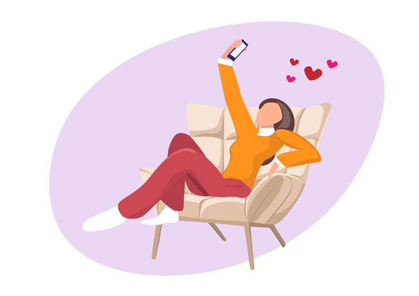 Piękna kobieta robi sobie selfie z relaksującą postawą na okrągłej kanapie. Z telefonu komórkowego Płaski styl kreskówki wektor ilustracji - Wektor, obraz