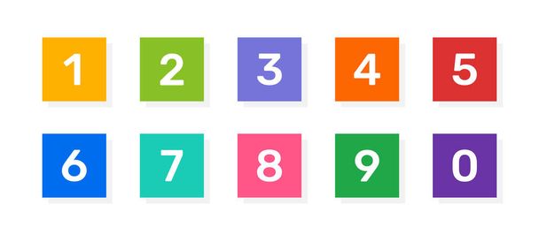 Числа 1, 2, 3, 4, 5, 6, 7, 8, 9 і 0 векторні піктограми на барвистій квадратній кнопці дизайну
. - Вектор, зображення