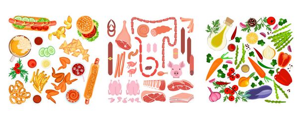 カラフルな異なる食品セットと正方形の組成物 - 写真・画像