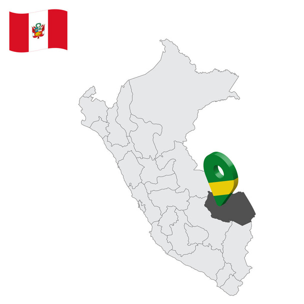 場所マドレ・デ・ディオス県地図ペルー.マドリード・デ・ディオスの旗に似た3D位置記号。あなたのデザインのためのペルー共和国の州との品質地図。EPS10 - ベクター画像