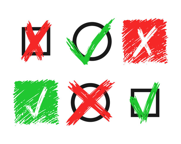 白い背景に描かれた6つの手描きのチェックとクロスサイン要素のセット。グランジドアの緑のチェックマークは、異なるアイコンでOKと赤のX 。ベクターイラスト - ベクター画像
