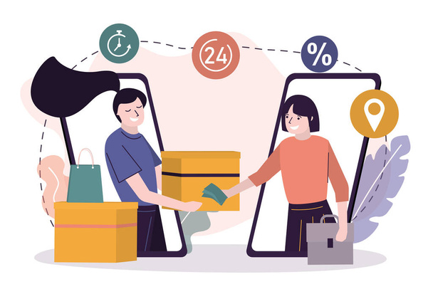 Female character pays for parcel. Concept of e-commerce and online shopping. Express delivery service. Woman pays for order in cash. Courier delivered package to buyer. Trendy flat vector illustration - ベクター画像