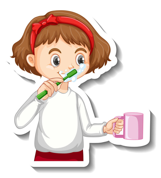 Çıkartma tasarımı ve dişlerini fırçalayan bir kız karakteri çizimi. - Vektör, Görsel