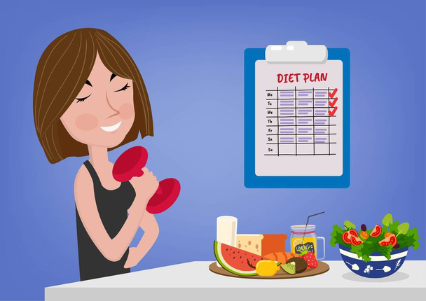 運動と食事をする若い女性の健康的なライフスタイル毎日の食事計画を確認する準備ができています。フラットスタイルの漫画イラストベクトル - ベクター画像