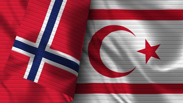 Turkse Republiek Noord-Cyprus en Noorwegen Realistische vlaggenstof Textuur 3D Illustratie - Foto, afbeelding