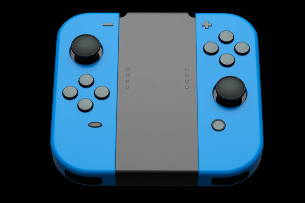 Portable video game controllers attached to touch screen on black background. 3D rendering of gamepad for smartphone for online gaming - Photo, image