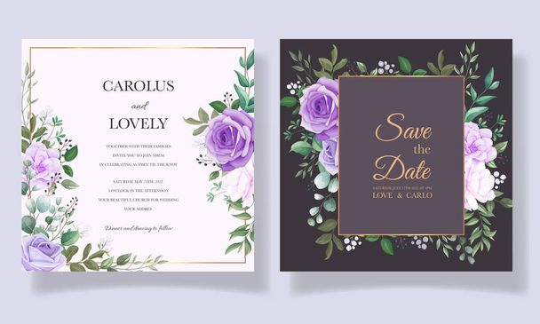 Elegant set of wedding invitation cards with beautiful purple floral - Vector, Image