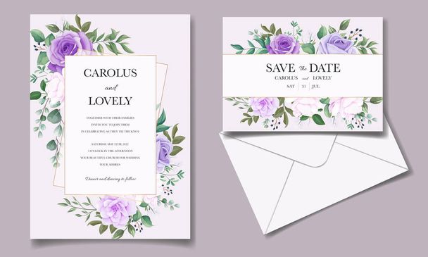 Elegant set of wedding invitation cards with beautiful purple floral - Vector, Image