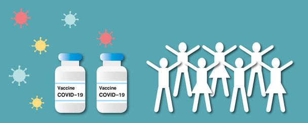 As pessoas levantaram as mãos para ficar felizes por serem vacinadas COVID-19 em fundo verde, conceito de vacina, estilo de design de corte de papel. - Foto, Imagem