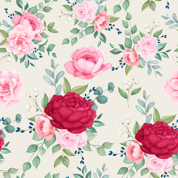 Beautiful blooming floral and leaves seamless pattern - Διάνυσμα, εικόνα