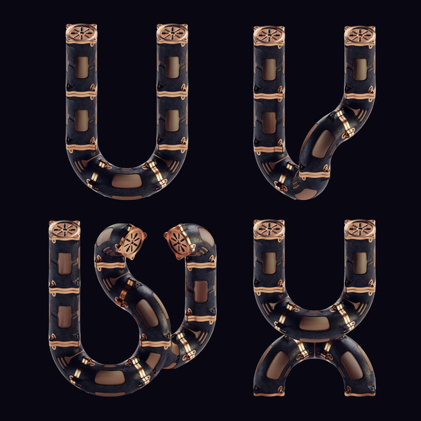 銅管で作られたスチームパンクな文字の3Dレンダリング. - 写真・画像