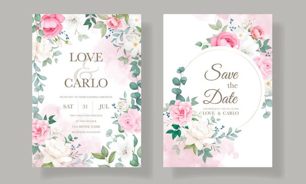 Beautiful blooming floral wedding invitation card set - Διάνυσμα, εικόνα