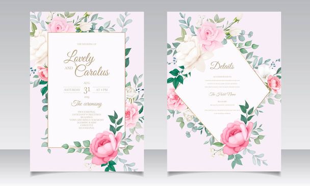 Beautiful blooming floral wedding invitation card set - Vector, Image