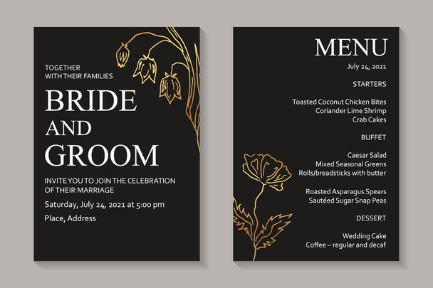 Сучасний абстрактний дизайн запрошення на весілля або шаблони листівок для привітання з днем народження або сертифікат із золотими квітами на чорному тлі
. - Вектор, зображення