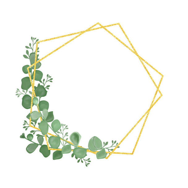 Golden frame with eucalyptus leaves. A greeting card. An invitation card. Wedding elements. An illustration for printing. - Φωτογραφία, εικόνα