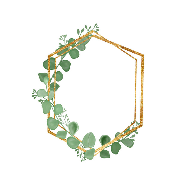 Golden frame with eucalyptus leaves. A greeting card. An invitation card. Wedding elements. An illustration for printing. - Photo, image