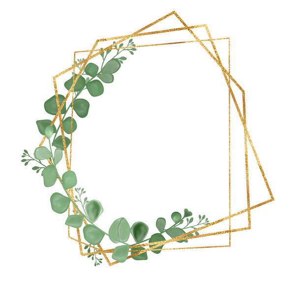 Golden frame with eucalyptus leaves. A greeting card. An invitation card. Wedding elements. An illustration for printing. - Φωτογραφία, εικόνα