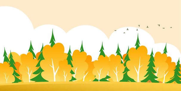 Gouden herfst in het bos. Landelijk landschap. Gele bomen, groene sparren. Een zwerm vogels. Cartoon vector illustratie voor achtergrond - Vector, afbeelding