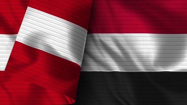 Yemen and Peru Realistic Flag  Fabric Texture 3D Illustration - Fotoğraf, Görsel