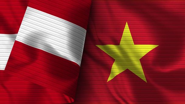 Vietnam and Peru Realistic Flag  Fabric Texture 3D Illustration - Zdjęcie, obraz