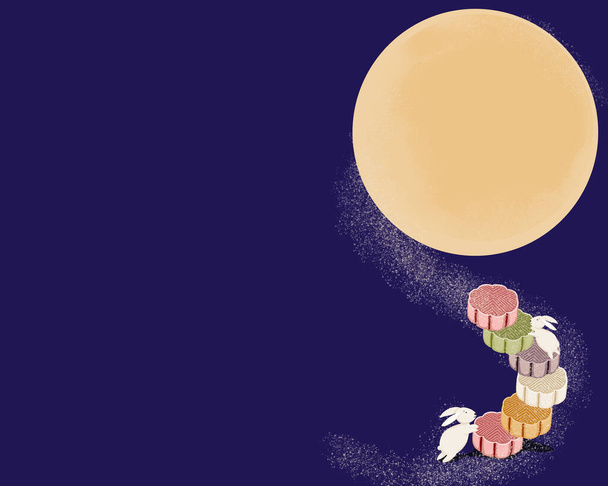 Het konijn beweert dat de maankoek de maan bereikt onder de maanlichtscène. Volle maan nacht en konijn. Midden herfst festival vector illustratie achtergrond.   - Vector, afbeelding