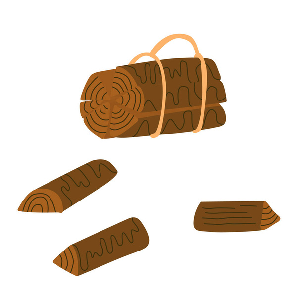 Bundle of firewood and logs. Hand drawn vector illustration.  Camping equipment, countryside life.	 - Vetor, Imagem