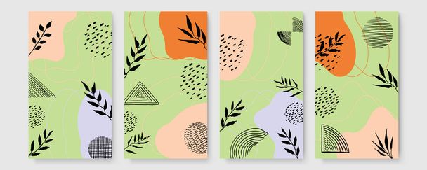 Soyut modern botanik poster koleksiyonu. Soyut şekilli organik bohem duvar resimleri posteri. Tarafsız pastel renk, yeşillik çizimi - Vektör, Görsel