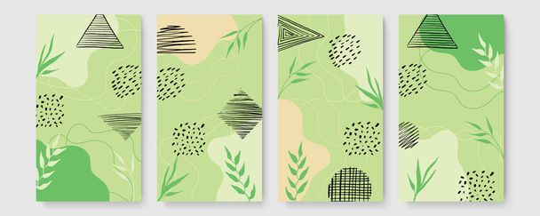 Streszczenie nowoczesnej kolekcji plakatów botanicznych boho. Organiczny plakat artystyczny z akwarelowymi abstrakcyjnymi kształtami. Neutralny pastelowy kolor, rysunek liści - Wektor, obraz
