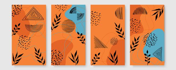 Coleção de cartazes botânico moderno abstrato boho. Cartaz de arte da parede boêmio orgânico com formas abstratas aquarela. Cor pastel neutro, desenho de folhagem - Vetor, Imagem