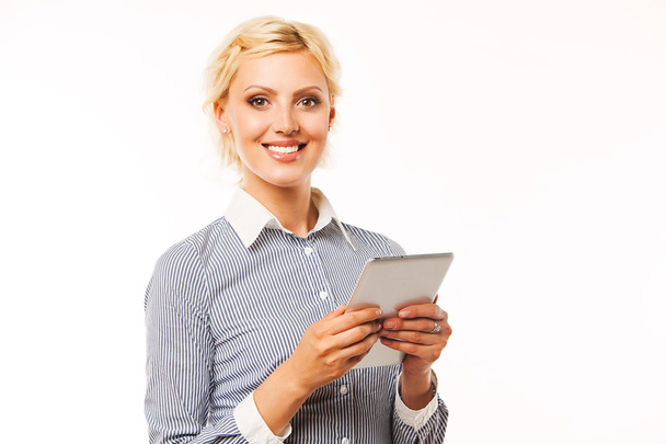 Smiling business woman holding tablet computer on white background. - Zdjęcie, obraz