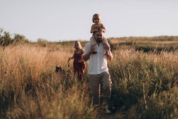 Young parents with son and husky dog walking in summer field. Family time, have fun. - Fotografie, Obrázek