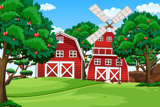Scène de ferme avec grange rouge et illustration moulin à vent - Vecteur, image