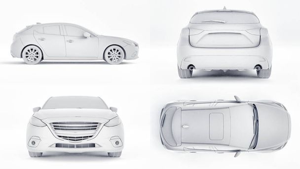 3d illustratie. Witte stadsauto met blanco oppervlak voor uw creatieve ontwerp. 3D-weergave. - Foto, afbeelding
