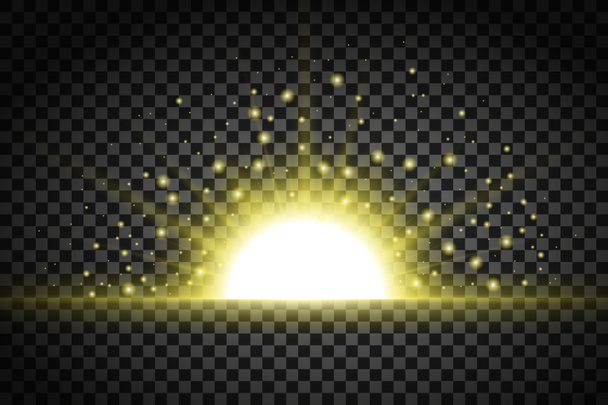 Yellow light from sunrise. Bright rays of the sun and brilliant sparkling flares, stars. Abstract light effect on a transparent background. - Photo, Image