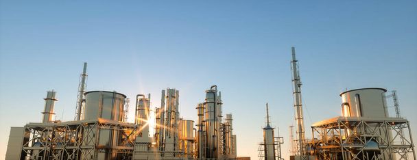 duża rafineria ropy naftowej o wschodzie słońca w jasny dzień 3d renderowania - Zdjęcie, obraz