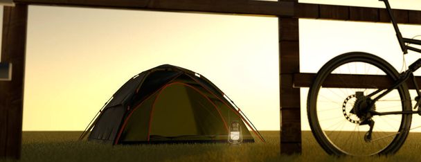 Camping at sunrise in a small tent on a grass meadow with a mountain bike next to the tent 3d render - Fotó, kép