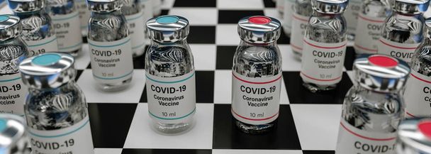 две различные вакцины ковид-19 на концептуальной шахматной доске 3D рендеринг - Фото, изображение