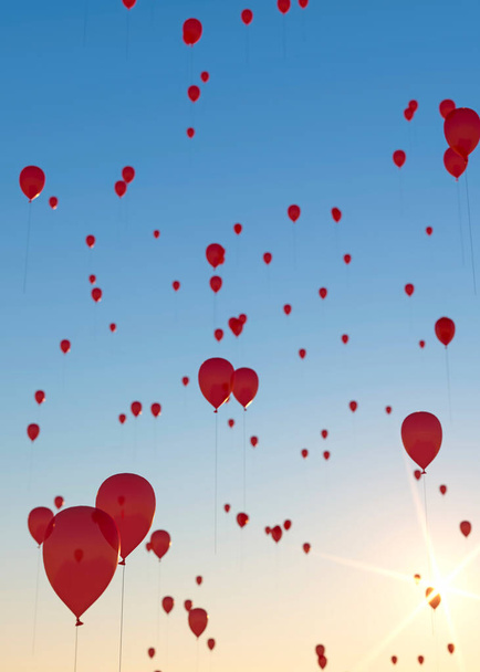 Hundreds of red balloons being released at sunset 3d render - Φωτογραφία, εικόνα
