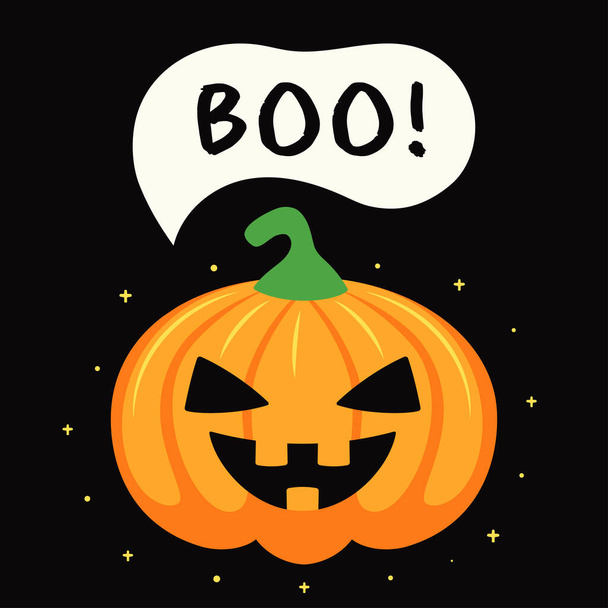 halloween card or poster with cute cartoon scary pumpkin and text boo, childish vector illustration for holiday celebration, flat design - ベクター画像
