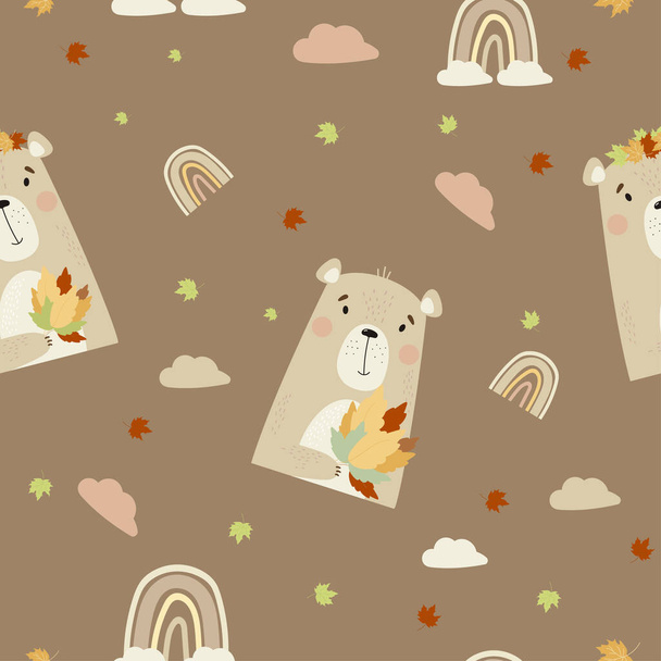 Seamless background with autumn bear. Cute animal with a bouquet of autumn leaves on a brown background with a rainbow and clouds. Vector illustration. Scandinavian style for design - Vector, Image