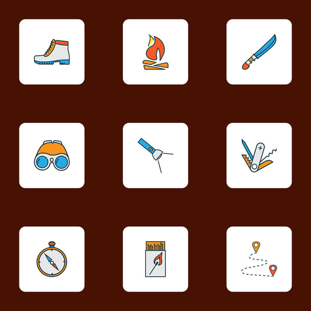Camping icons colored line set with camping boots, flashlight, binoculars and other route elements. Isolated vector illustration camping icons. - Vector, Image