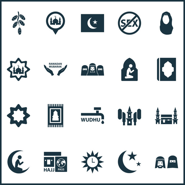 Náboženské ikony zasazené s lidmi, modlitba, azan a další hejaz prvky. Izolované vektorové ilustrace náboženské ikony. - Vektor, obrázek