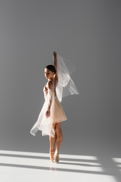 Volledige lengte van ballerina dansen met doek op grijze achtergrond met zonlicht - Foto, afbeelding