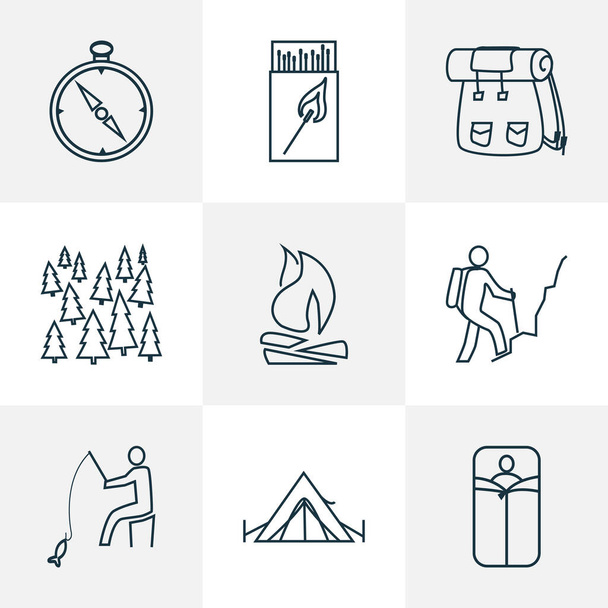 Tourism icons line style set with fishing, forest, hiking man and other matches elements. Isolated vector illustration tourism icons. - Vector, Image
