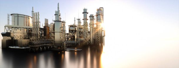 grote olieraffinaderij bij zonsopgang op een heldere dag 3d render - Foto, afbeelding