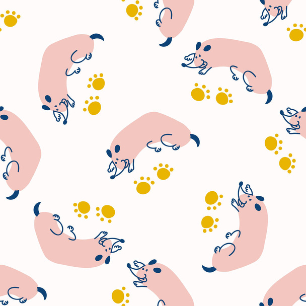 Seamless cute cartoon pet dog doodle pattern. Whimsical minimal 2 tone gender neutral color. Kids nursery wallpaper or whimsical character fashion all over print. - Vector, imagen