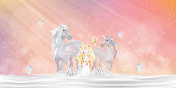 Unicorno con piccole fate volanti e carina principessa che cammina sulla neve nel magico paese delle meraviglie, paesaggio invernale di fantasia dei cartoni animati per Buon Natale o felice anno nuovo biglietto di auguri per i bambini - Vettoriali, immagini