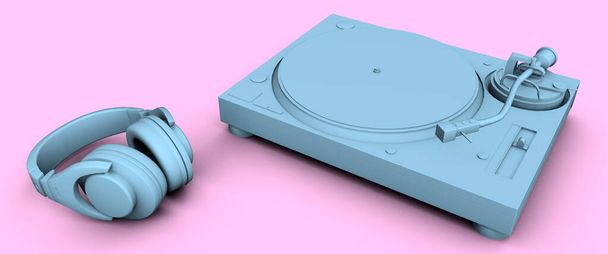 Blue headphones and turntable on a pink background 3d render - Photo, Image