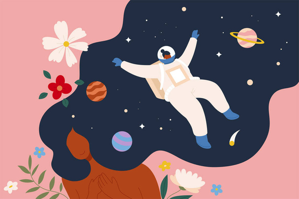 Vrouwenruimte droom. Illustratie van een langharige vrouw die droomt over het dragen van een ruimtepak en zweeft rond de planeten in de sterrenruimte. Concept van ruimtevaart of het worden van een vrouwelijke astronaut - Vector, afbeelding